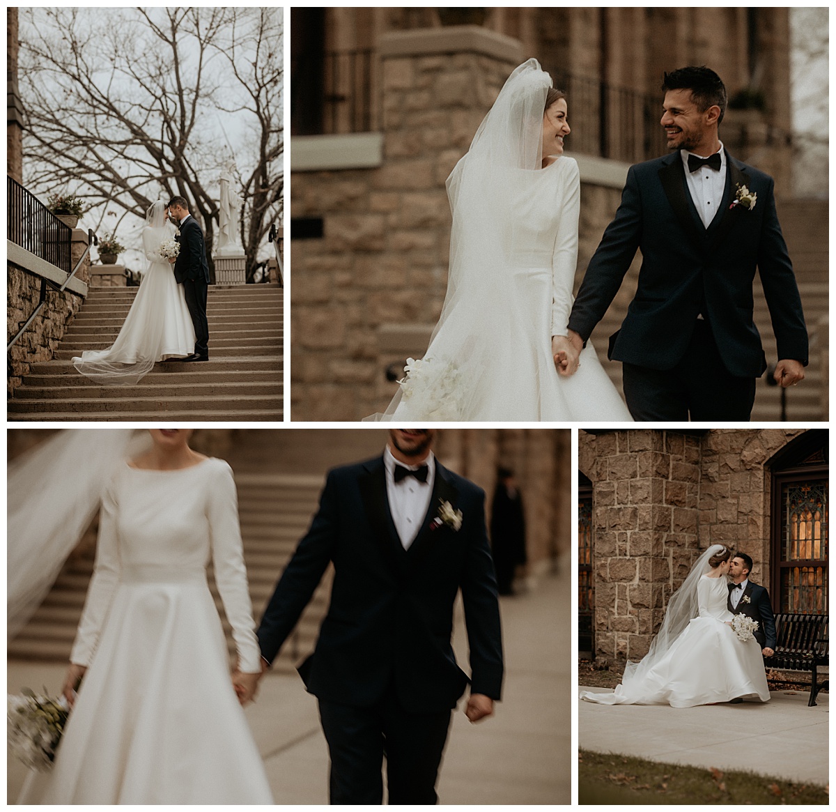 newlyweds stand close together on steps outside church by Brea Warren Photo