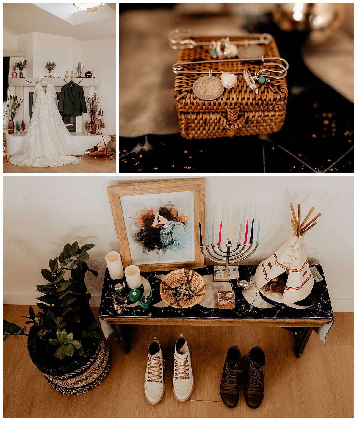 wedding attire details sit on bench with framed portrait of couple by Brea Warren Photo