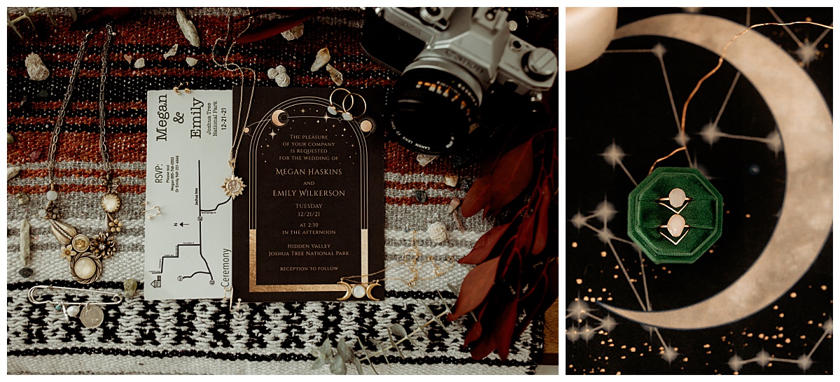 stationary details and invitation sit along side camera at Joshua Tree elopement