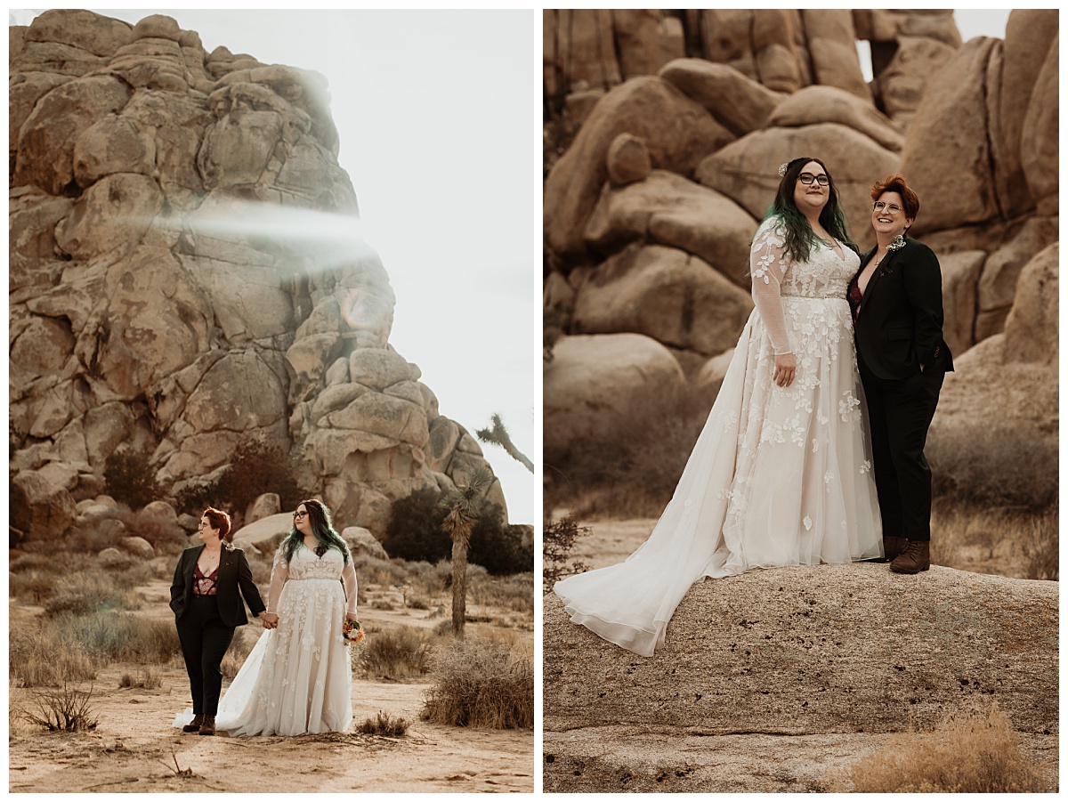 women hold hands in desert at Joshua Tree elopement