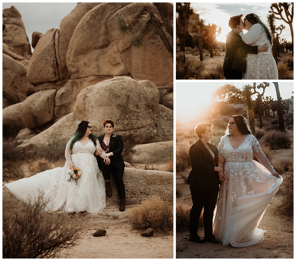 sun shines between wives leaning in for a kiss at Joshua Tree elopement