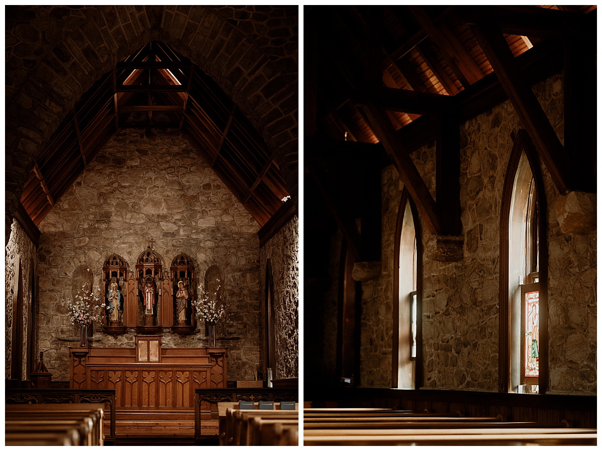 sanctuary features stained glass windows, stones, and dark wood by Brea Warren Photo