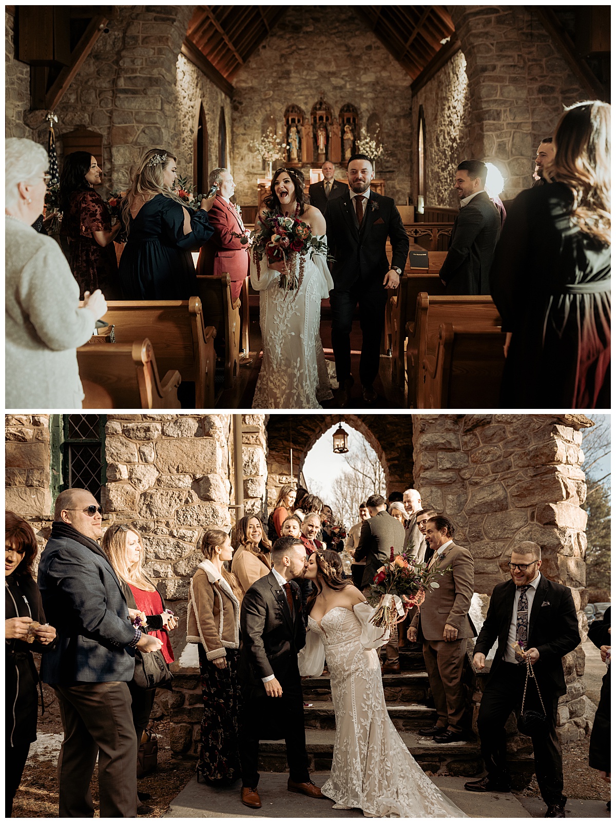 newlyweds exit church at whimsical ridgetop wedding 