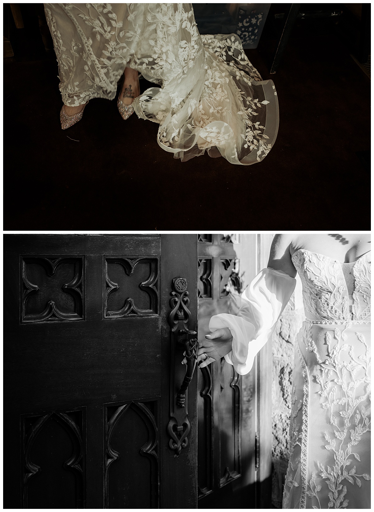 details of lace gown with puffy sleeves and sparkling shoes by Brea Warren Photo