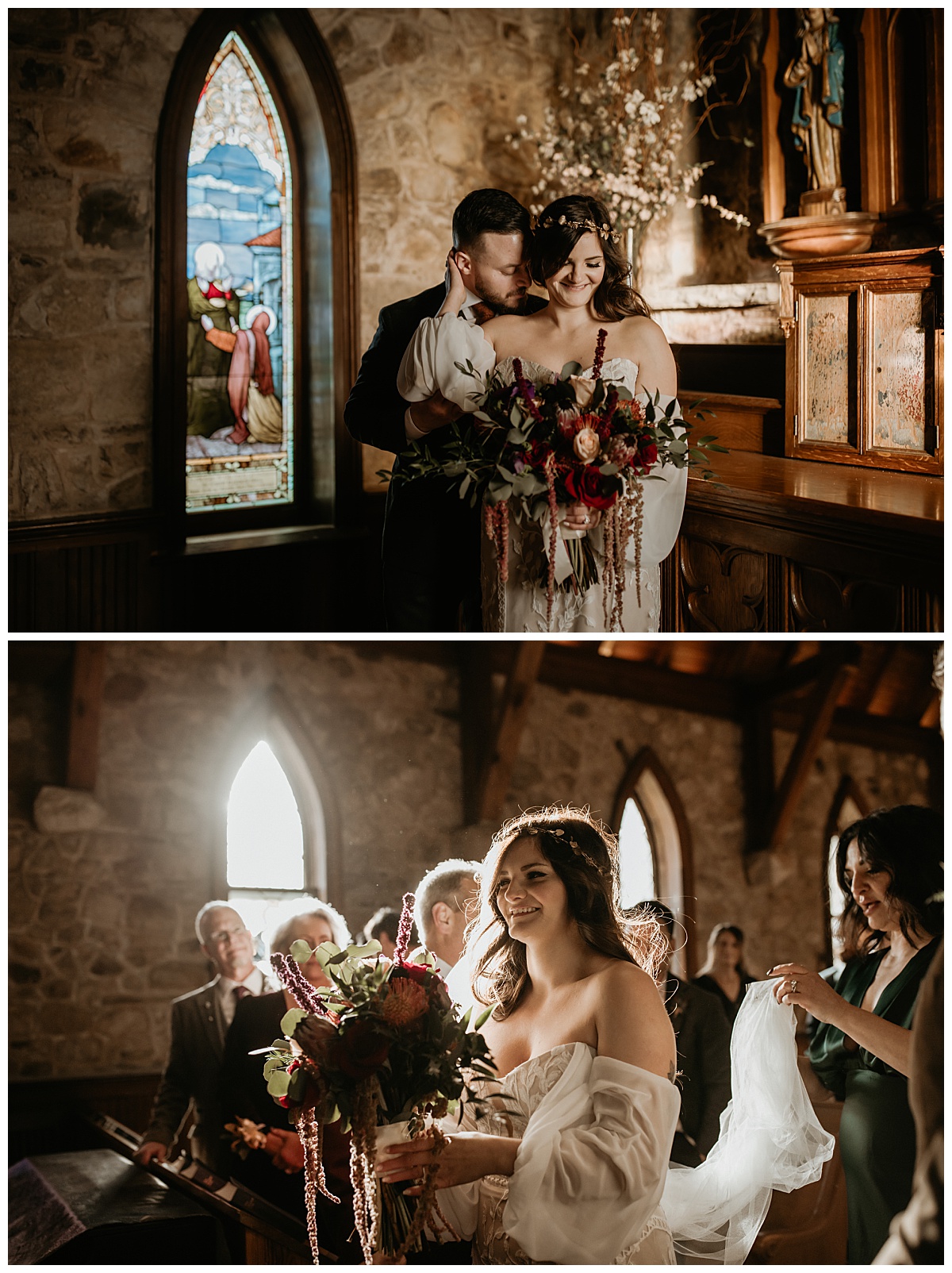couple stands by stained glass in church by New York elopement photographer