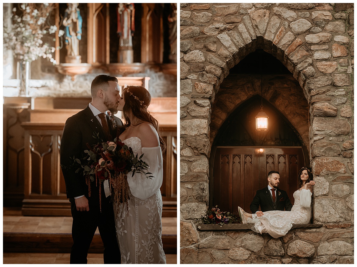 couple shares a kiss as sun shines into church by New York elopement photographer