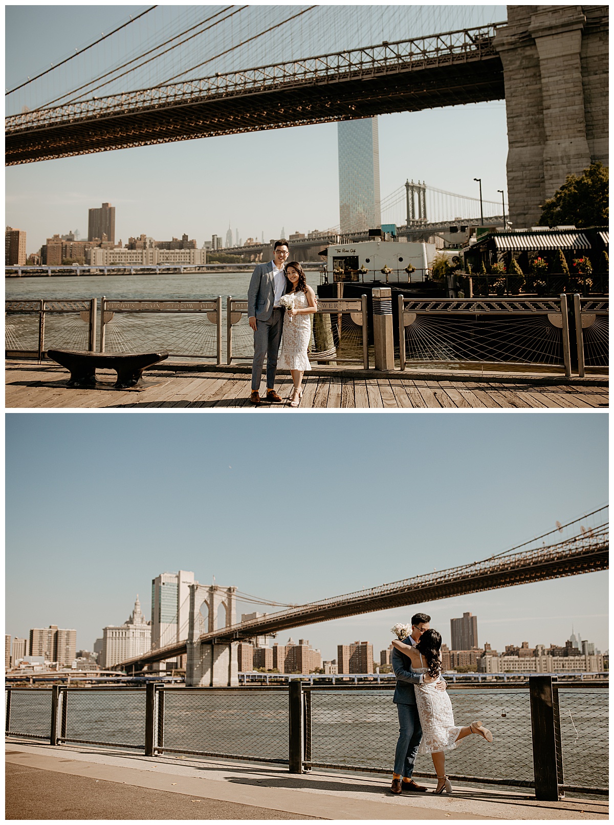 couple stands in front of the Brooklyn Bridge before NYC City Hall wedding