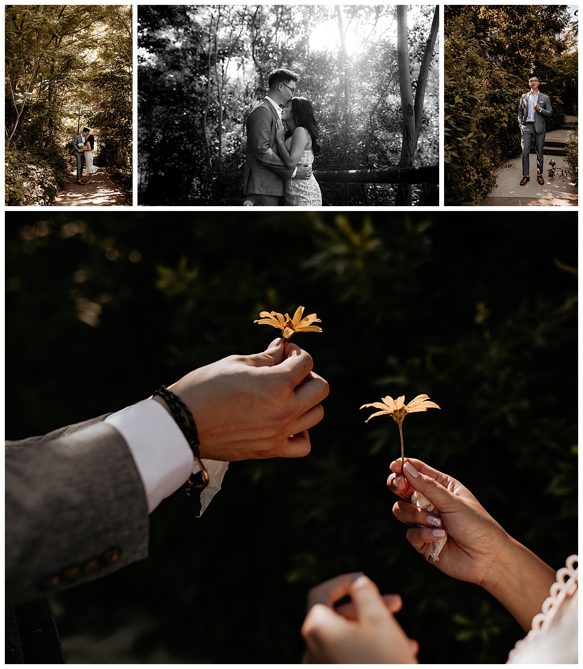 bride and groom pick flowers and kiss along wooded path by New York elopement photographer