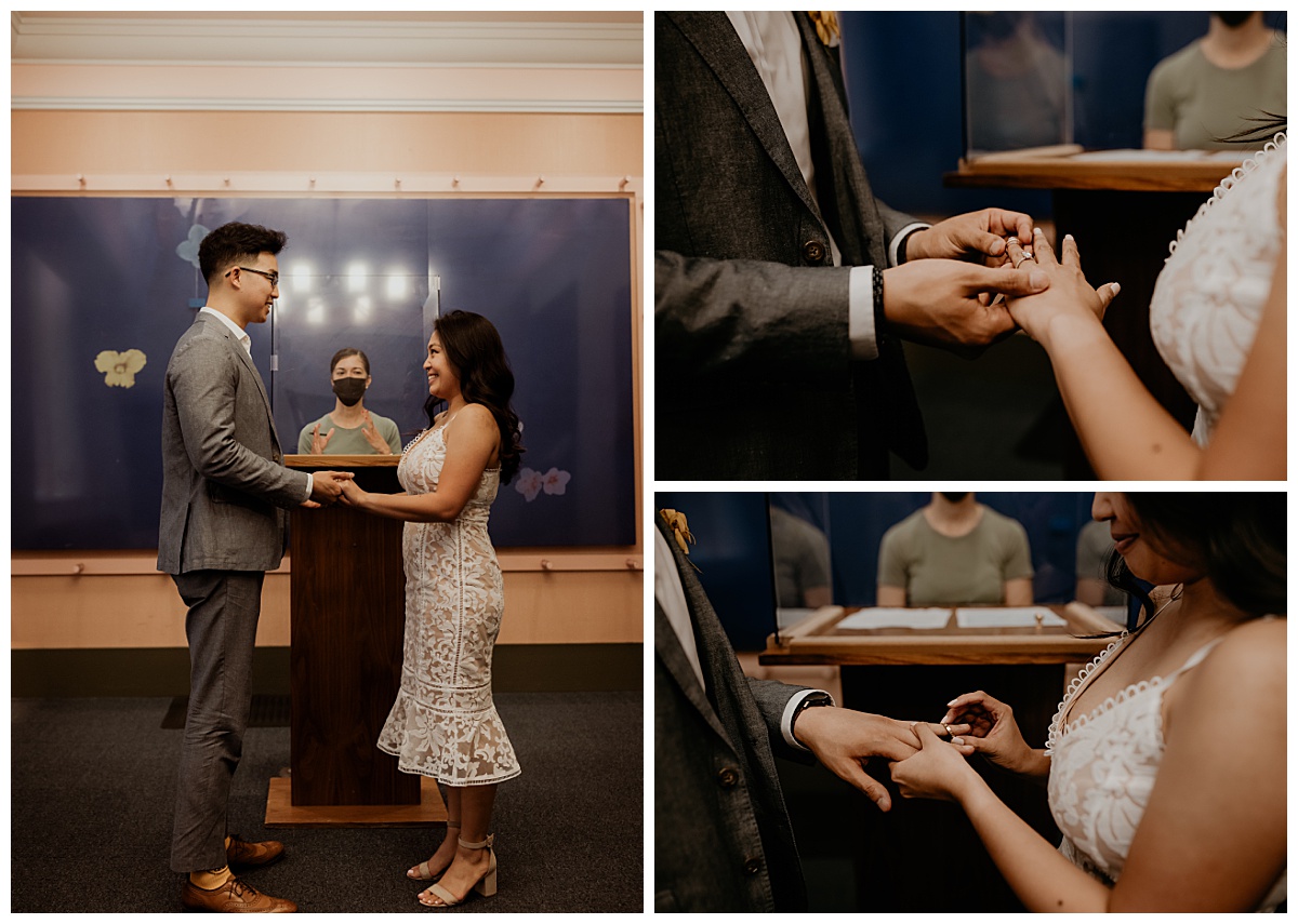 bride and groom exchange vows and rings by New York elopement photographer