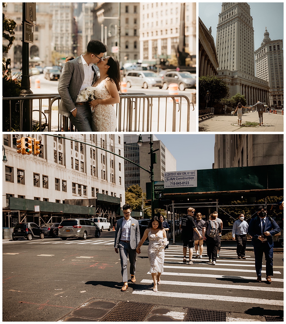 bride and groom walk the city streets together holding hands by New York elopement photographer