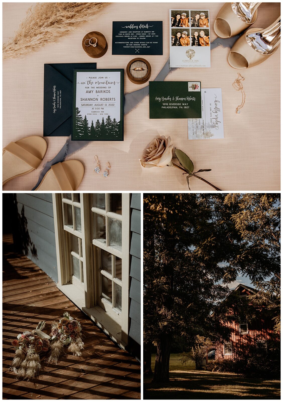 stationary details and bouquets for outdoor woods ceremony
