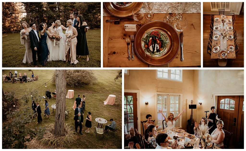 guests celebrate with brides at outdoor woods ceremony