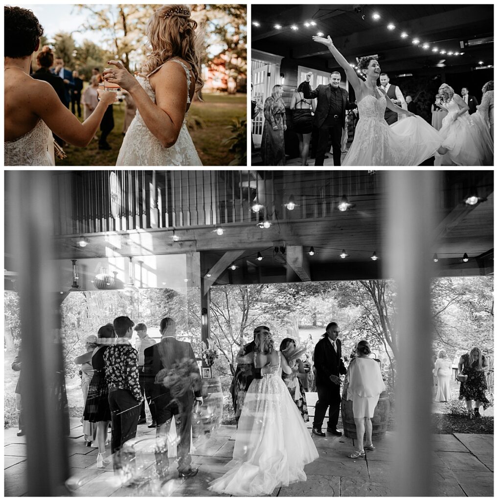 brides toast and dance at reception following outdoor woods ceremony