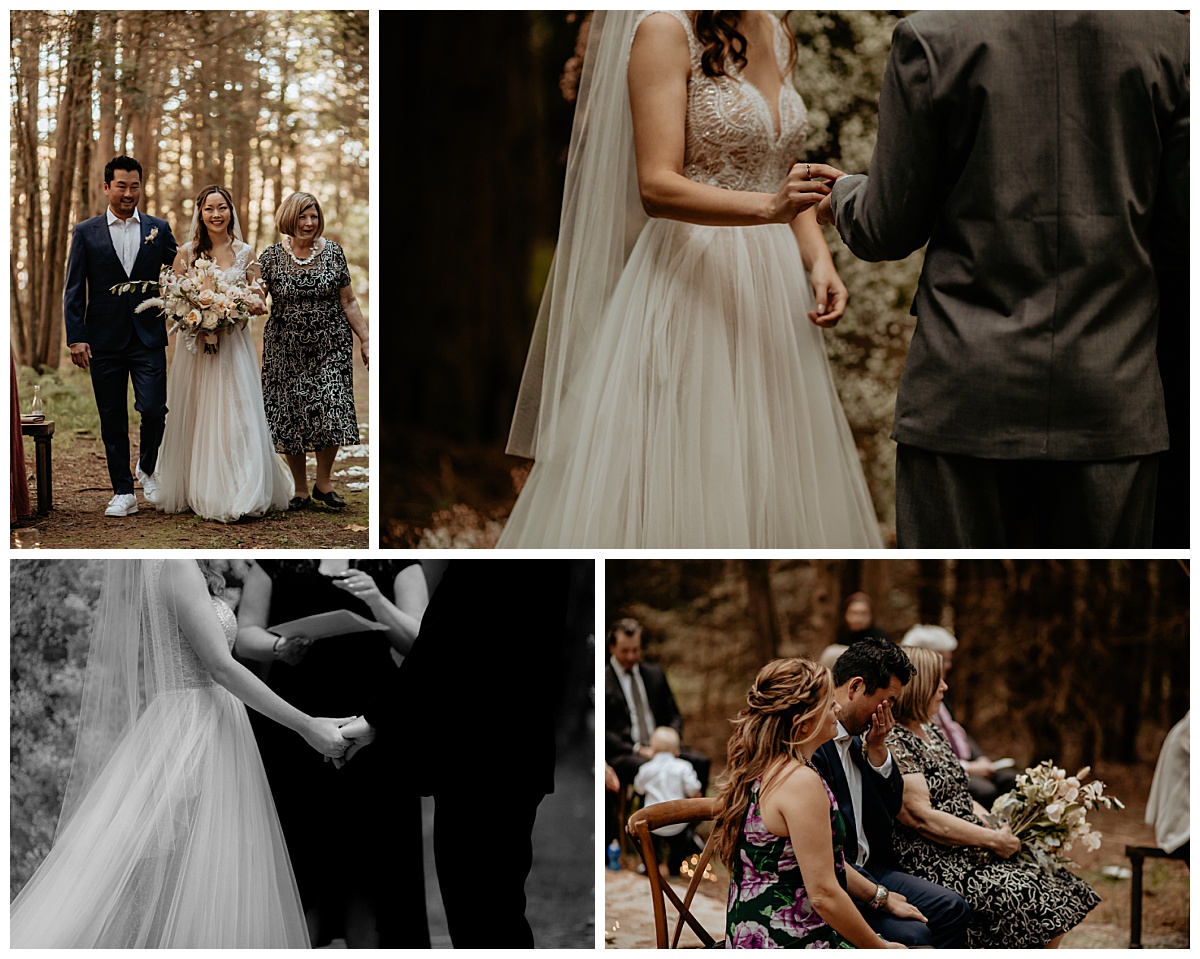 bride and groom exchange rings during ceremony in enchanted forest