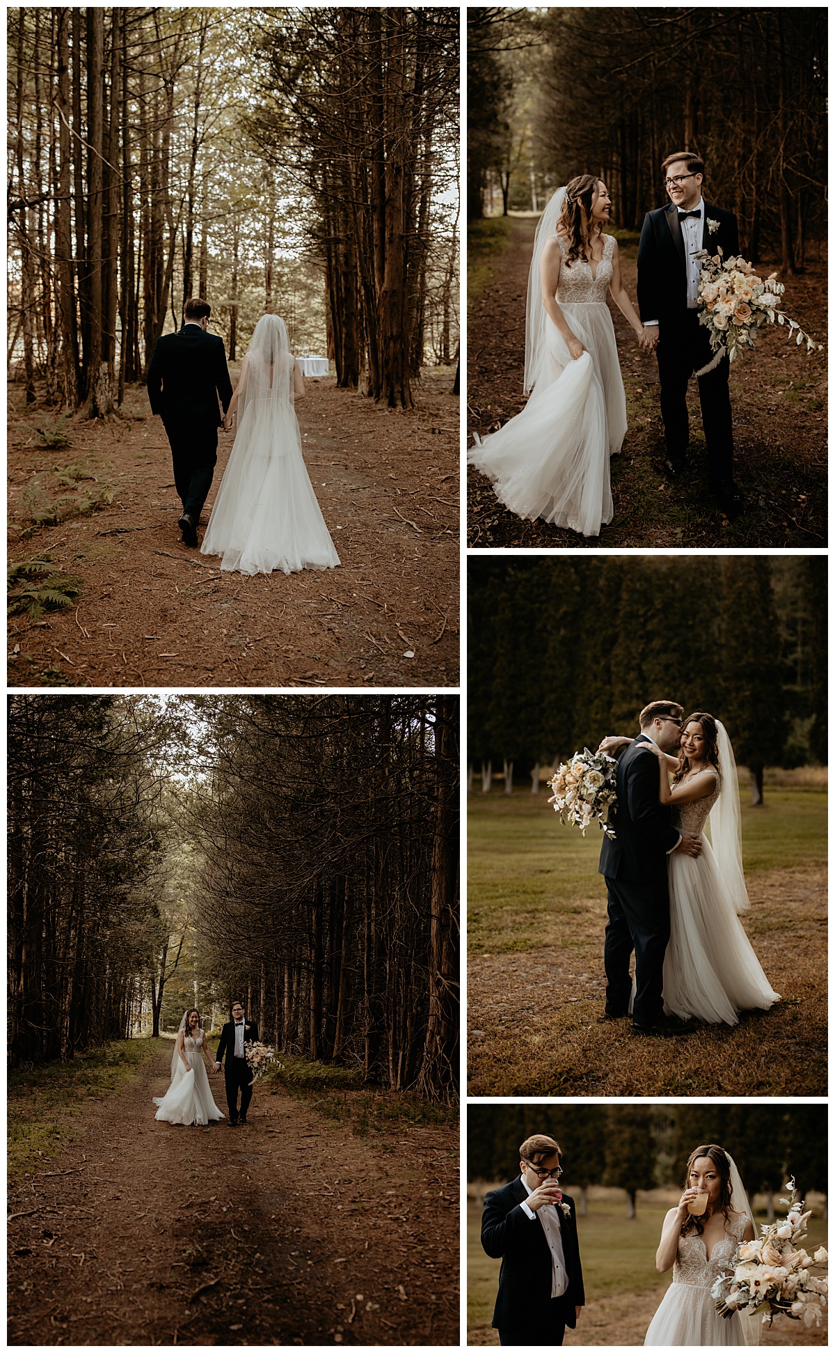 man and woman walk down path in forest holding hands by New York Wedding Photographer