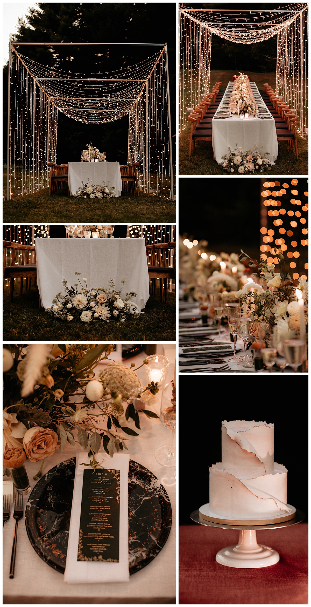 long table adorned with florals and candles under arch of twinkle lights by Brea Warren Photo