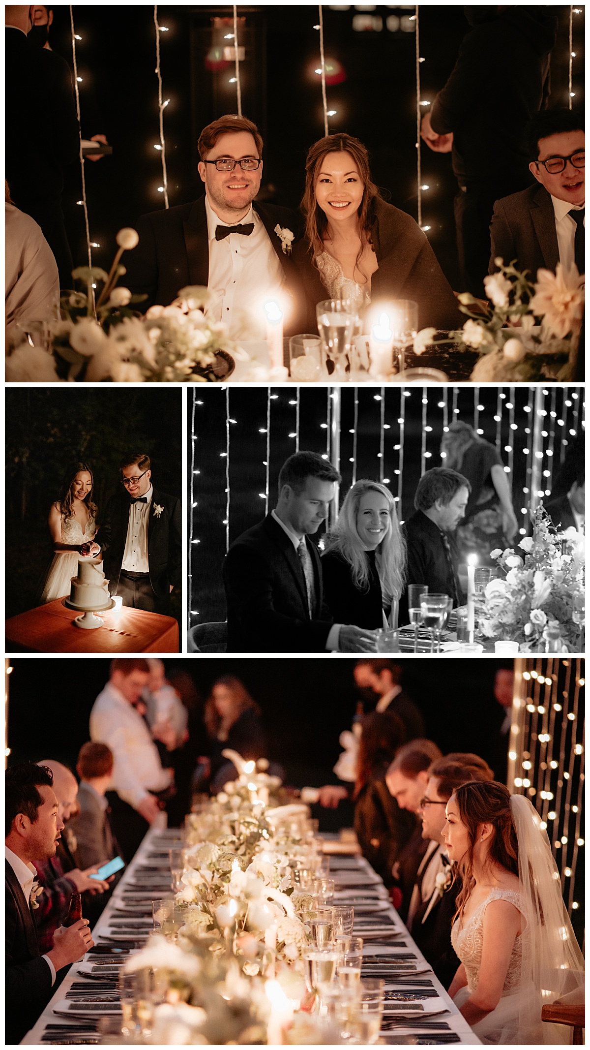guests gather under twinkle lights for reception dinner by New York Wedding Photographer