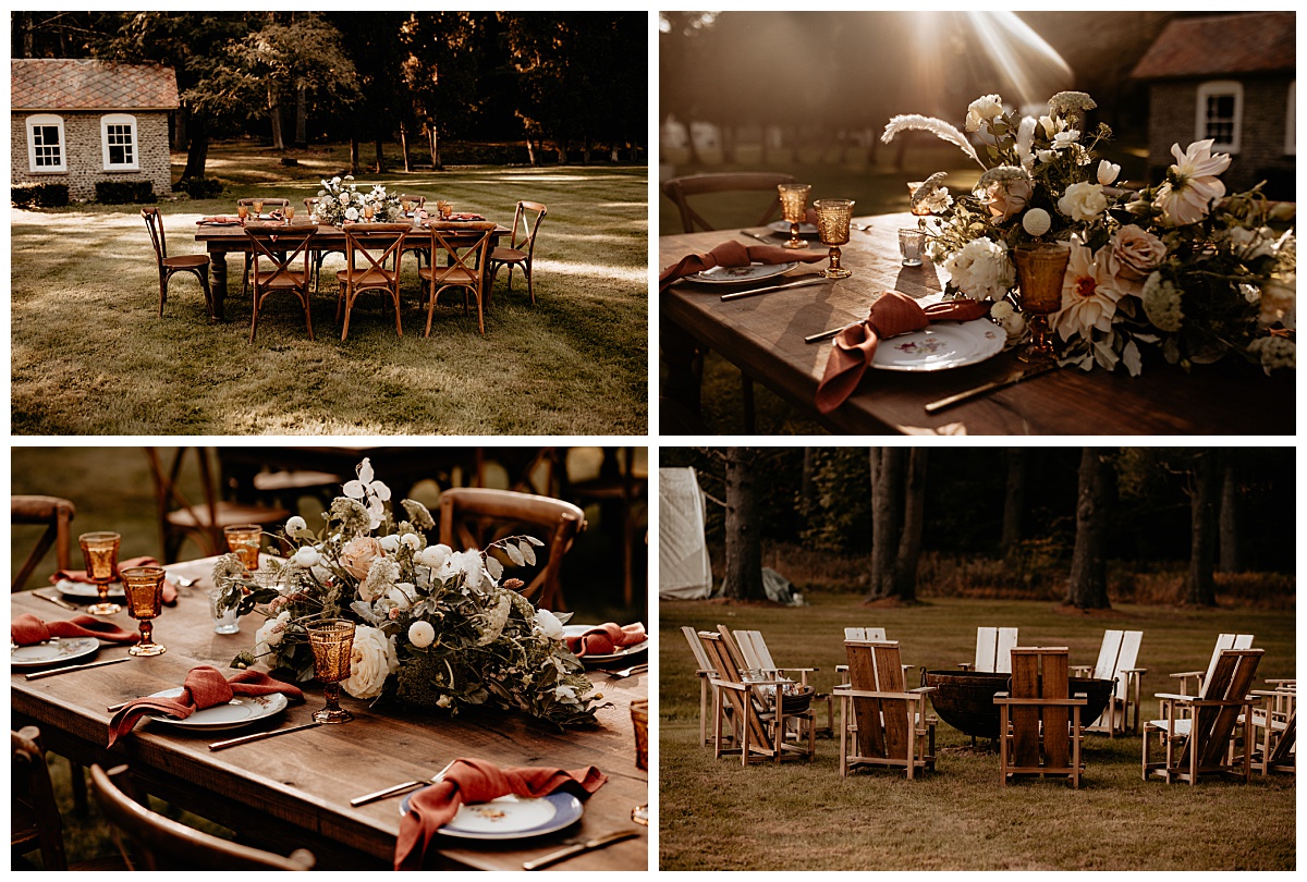 table on lawn prepared for a meal and decorated with florals by Brea Warren Photo