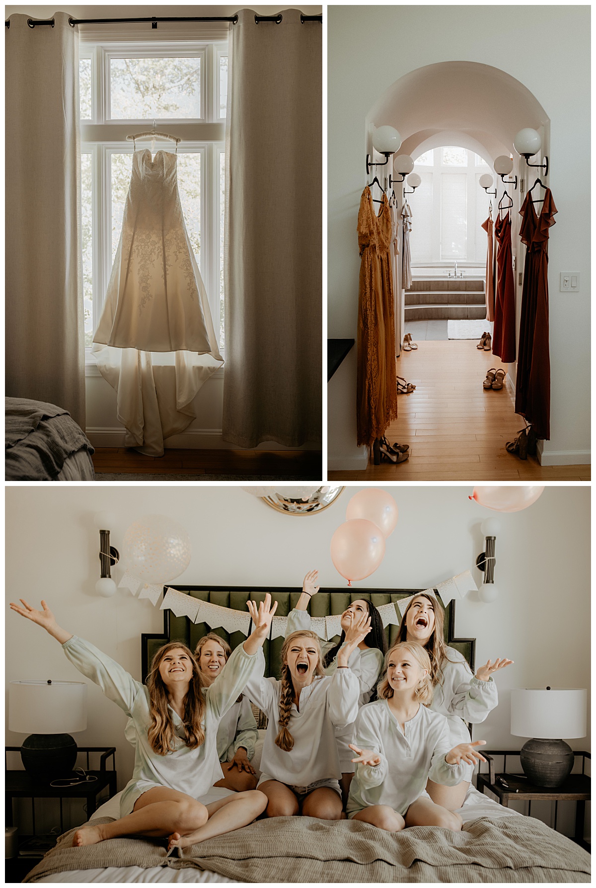 gowns hang in hallway by windows for bridesmaids to get ready by Brea Warren Photo