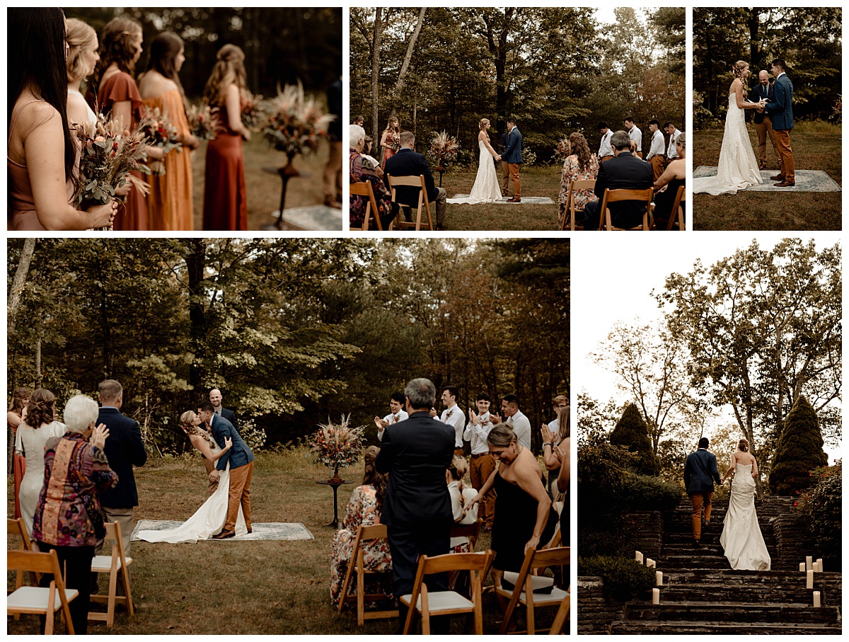 woods provide backdrop for couple sharing vows and first kiss by Brea Warren Photo