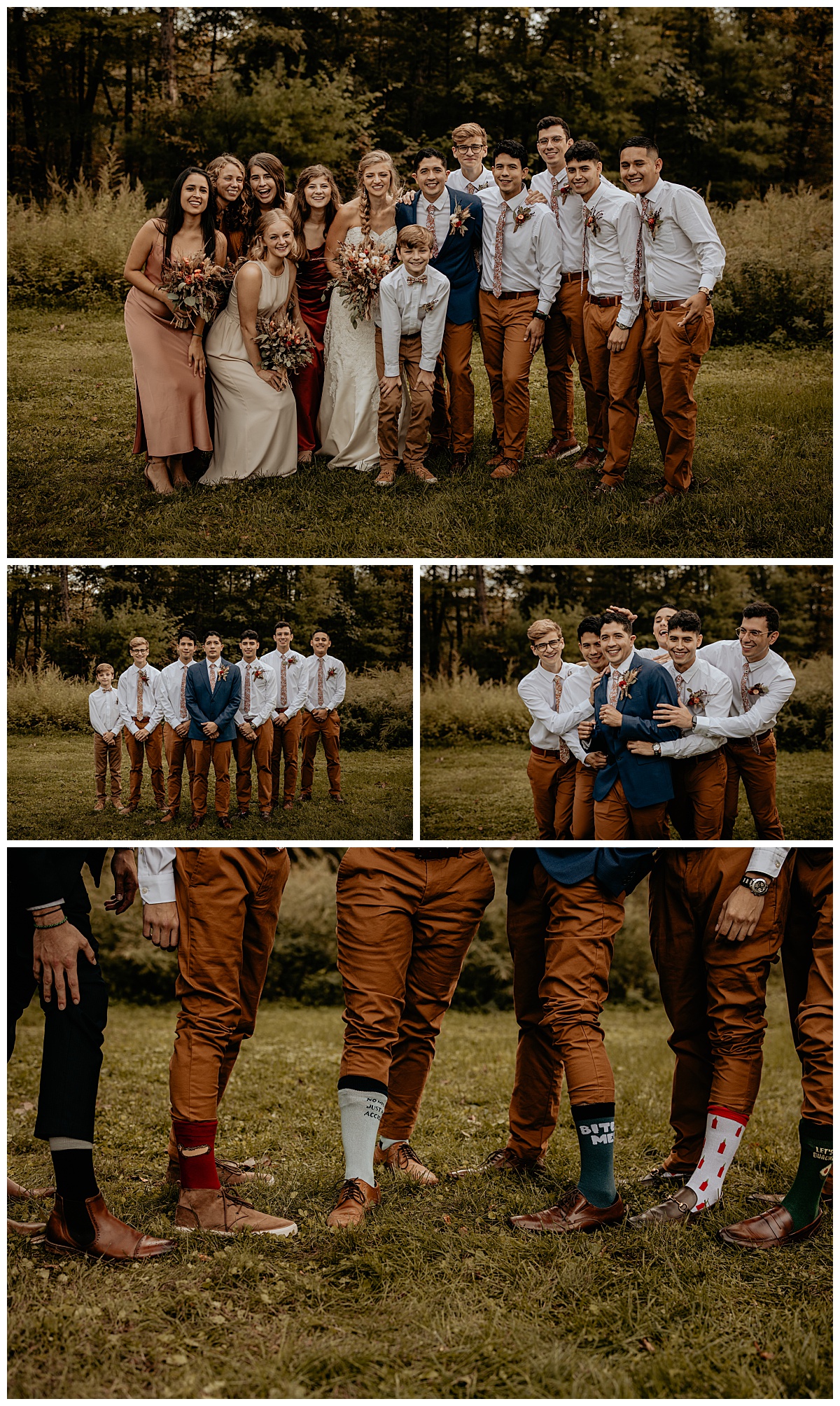 groomsmen stand together in field after intimate spiritual ceremony