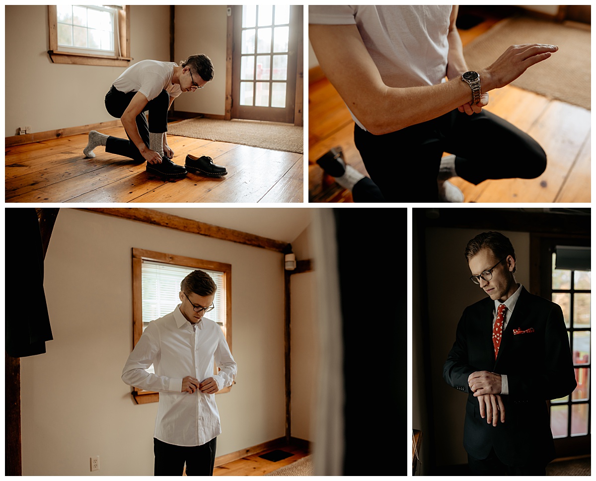 groom gets ready and ties shoes by New York wedding photographer