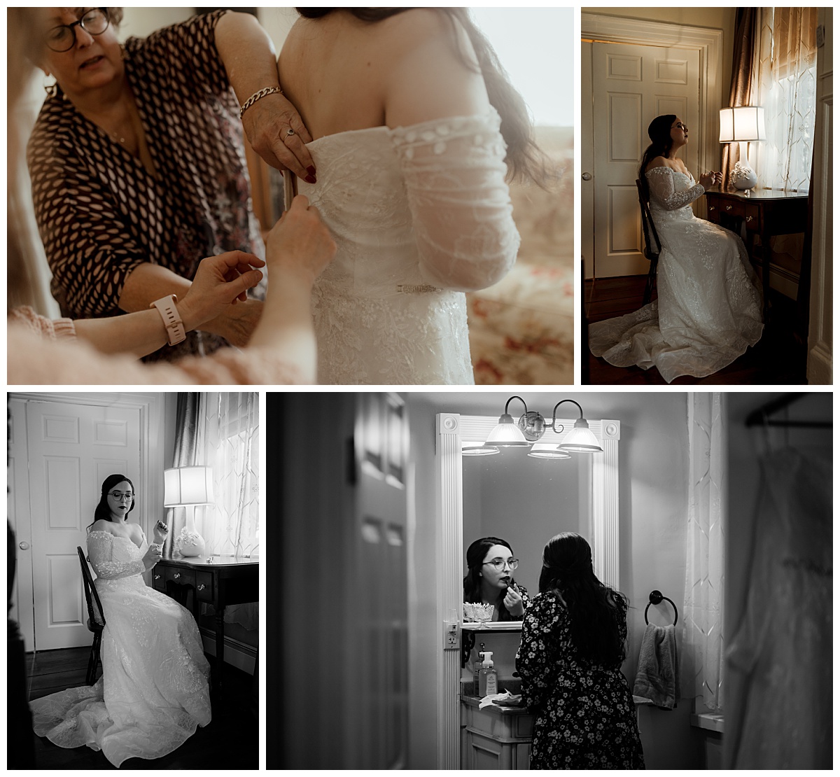 bride gets ready with family for her moody autumn ceremony