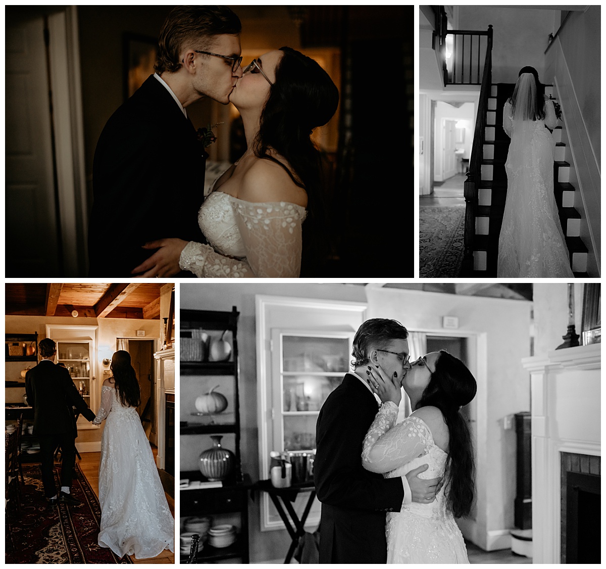 bride and groom kiss in an inn after moody autumn ceremony