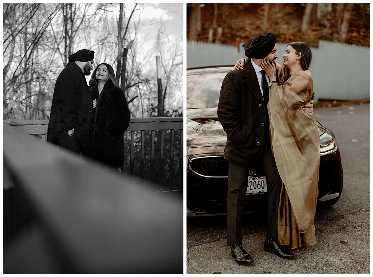 bride and groom lean close in front of a car by New York wedding photographer