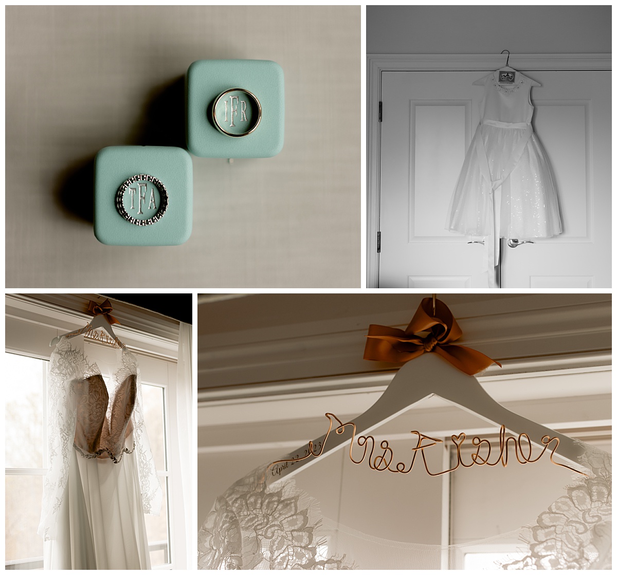 rings sit on ring boxes and dresses hang on windows by New York wedding photographer