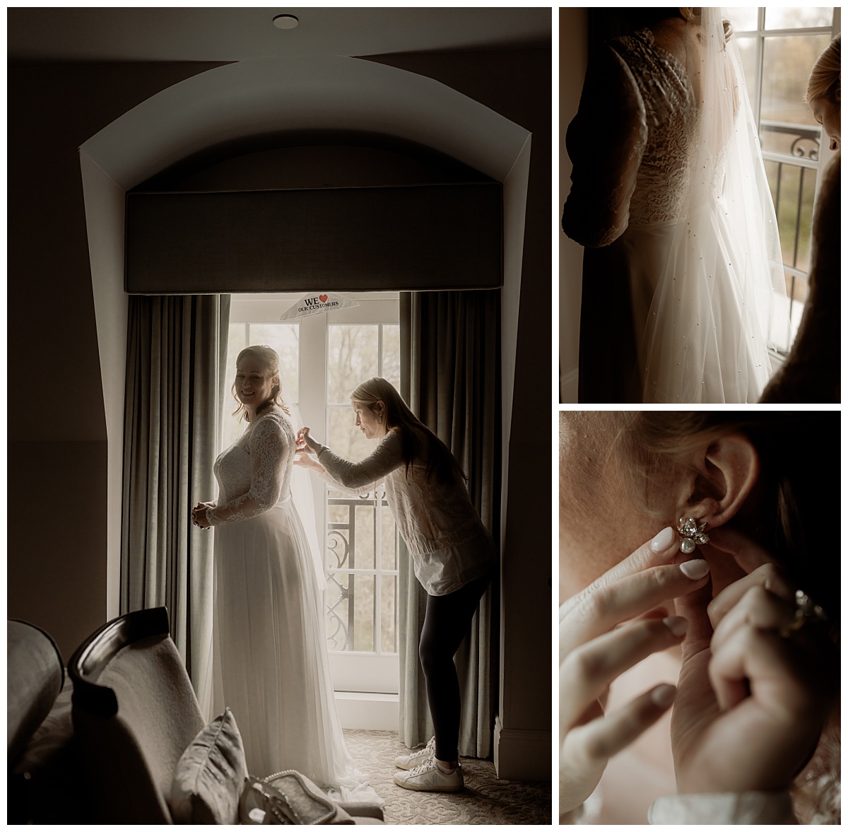 bride puts on earrings as she gets ready by New York wedding photographer