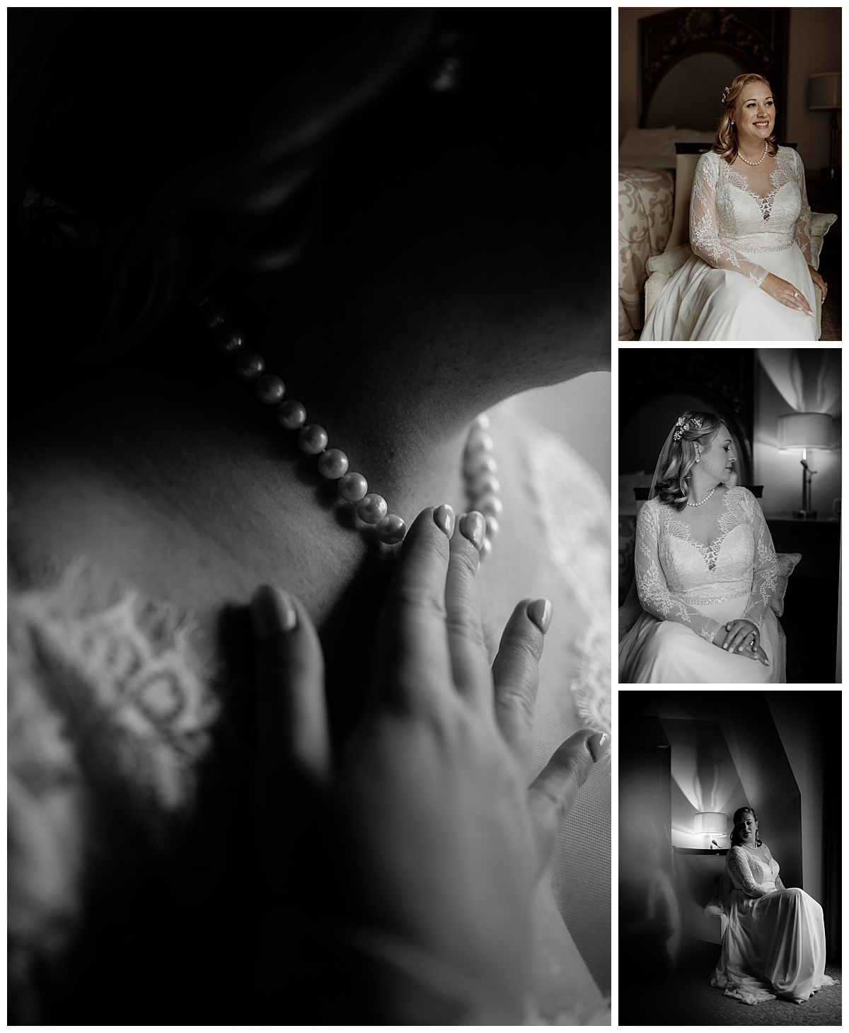 bride gently touches pearl necklace by Brea Warren Photo