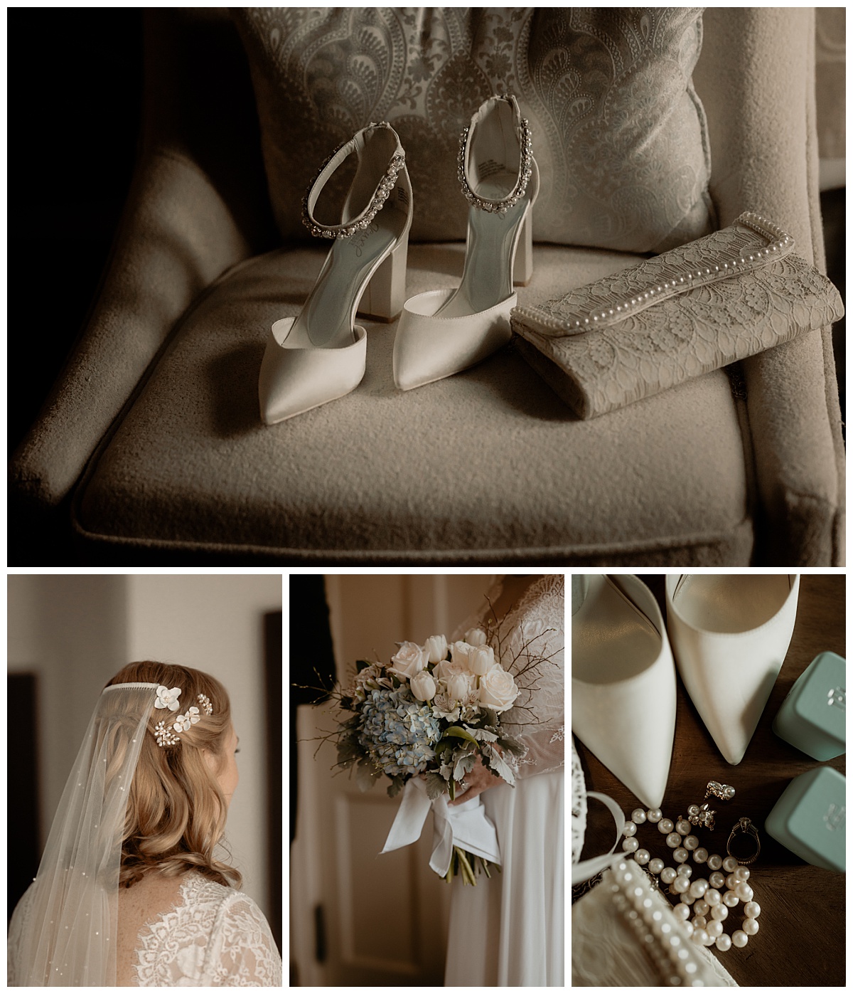 bridal details with shoes, purse, jewelry, and florals at intimate estate ceremony 