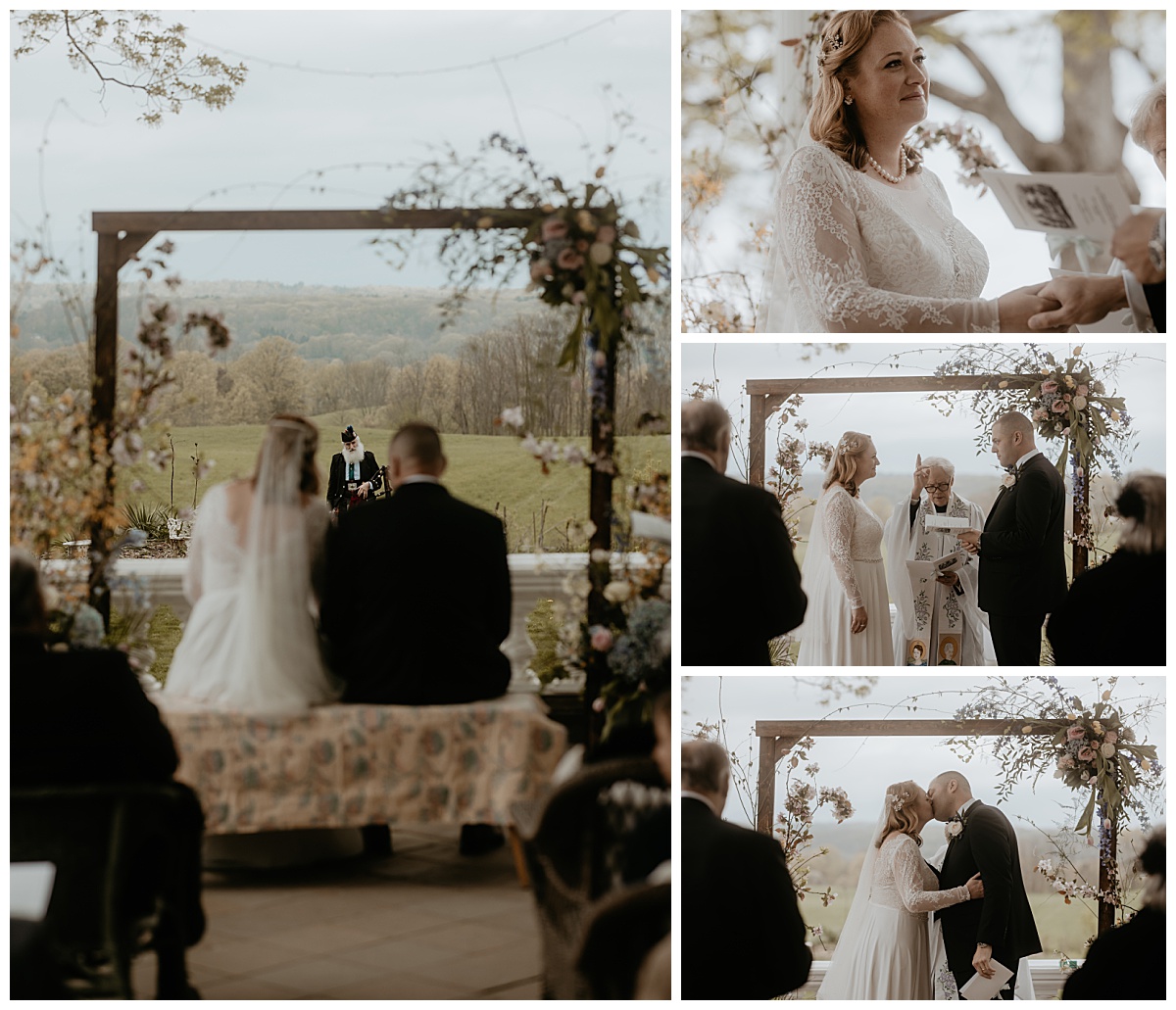 bride and groom exchange vows under wooden arch by Brea Warren Photo