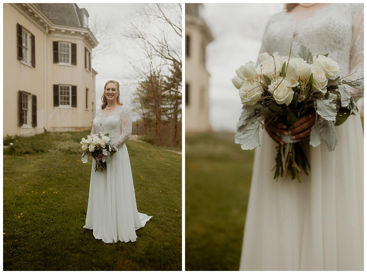 bride holds bouquet of white roses at intimate estate ceremony 